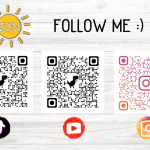 May include: Three QR codes on a white background with a wooden texture. The first QR code links to TikTok, the second to YouTube, and the third to Instagram. The text "FOLLOW ME :)" is above the QR codes. The text "CUTSUN" is above the QR codes.