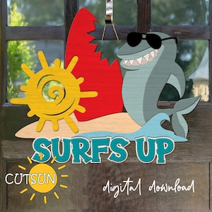 Summer door hanger svg | Surfs up door sign | Shark with sunglasses | Funny coastal door decor svg Laser cut file