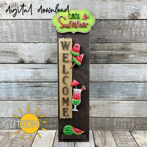 Signe de porche pastèque SVG | Leaner vertical interchangeable | Signe d'été frais | Décoration de fruits et de sucettes glacées | Fichier découpé au laser