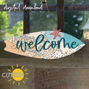 Surfplank deurhanger svg | Svg voor woondecoratie aan de kust | Voordeur decor svg | Strand-svg | Decoratie strandhuis | Glowforge-svg | Lasergesneden bestand