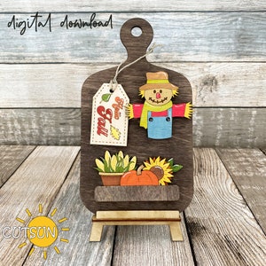 Hello Fall Scarecrow Interchangeable Cutting board decor SVG Fall shelf decor svg Scarecrow svg Fall svg Laser cut file