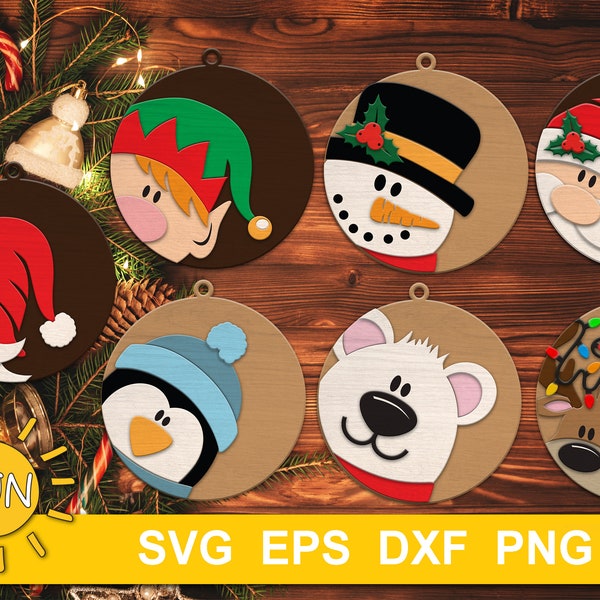 Adornos de Navidad SVG Paquete Santa Adorno Svg Muñeco de nieve Adorno Svg Reno svg Gnome svg Elf svg archivo cortado con láser Cricut svg