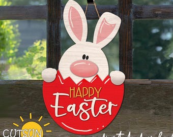 Easter Door Hanger SVG | Bunny Front Door Sign Laser Cut File | Easter Egg and Bunny SVG for Spring Welcome Decor