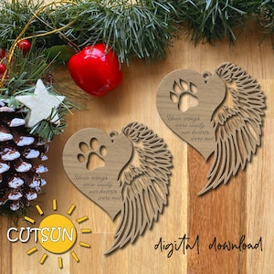 Ornement commémoratif pour animal de compagnie svg Ornement de Noël pour animal de compagnie SVG Ornement de Noël personnalisé SVG coeur aile patte impression svg fichier découpé au laser