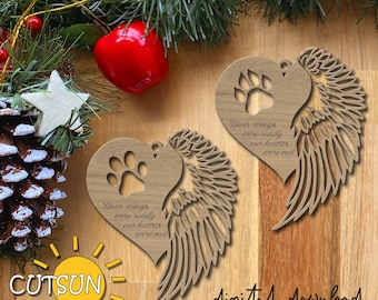 Pet Memorial Ornament SVG | Personalized Heart Wing Paw Print Christmas Ornament | Laser Cut File