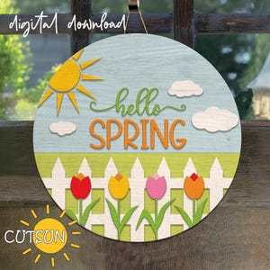 Hallo Frühling Türschild SVG Tulpen und Zaun Türschild Tulpen svg Frühlingsdekor Haustürdekor Laser geschnitten Datei