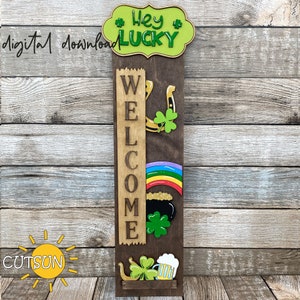 St Patrick’s Day Porch Sign SVG | Interchangeable Vertical Leaner | Welcome Sign SVG | Lucky Gnome SVG | Laser Cut File
