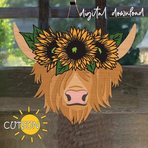 Highland Cow SVG | Cabide de porta com cabeça de vaca | Arquivo de decoração de girassol cortado a laser