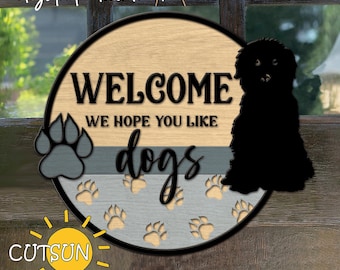 Tabliczka powitalna dla miłośników psów SVG | Wieszak na drzwi z psem Doodle | Plik wycinany laserowo dla właścicieli zwierząt