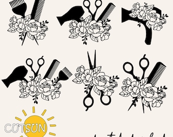 Haar Stylist SVG Bundle | Blumen Friseur und Salon-Werkzeuge SVG | Schere, Fön und Trockner Laser Cut Files