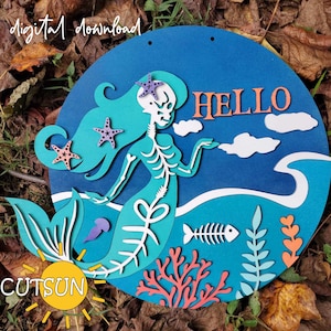 May include: A round wooden sign with a blue background and a skeleton mermaid with a turquoise tail. The mermaid is holding a white cloud and the sign says "HELLO" in orange letters. There are white clouds, a fish bone, coral, and seaweed on the sign.