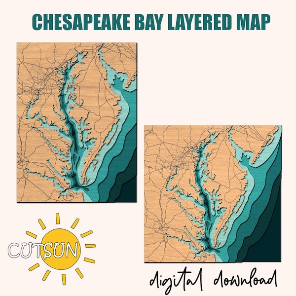 Layered Chesapeake Bay Map SVG | 6-Layer Nautical Depth Map | Laser Cut Files | Cricut svg