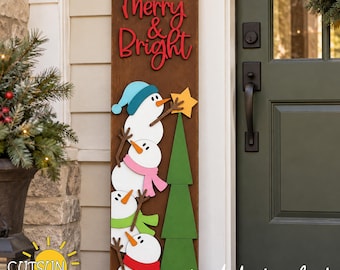Snowman Porch Leaner SVG, Merry and Bright Christmas Sign, Laser Cut File, Cricut & Silhouette, Vertical Winter Decor