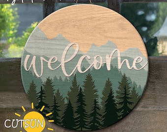 Mountains & Woods Round Door Hanger SVG | Rustic Nature Welcome Sign | Laser Cut File