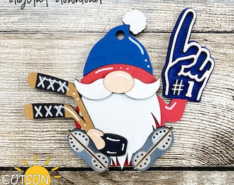 Hockey Gnome SVG | Hockey Ornament Laser Cut File | Gnome Car Charm & Christmas Ornament SVG