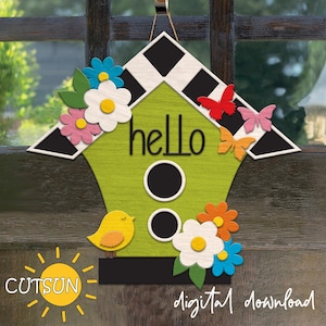 Birdhouse Door Hanger SVG | Spring Laser Cut File | Glowforge SVG for Front Door Sign
