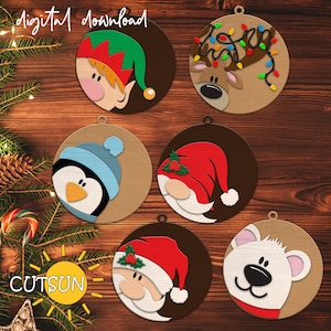 Pacote de enfeites de Natal SVG Enfeite de Papai Noel Svg Enfeite de boneco de neve Svg Rena svg Gnomo svg Elfo svg arquivo de corte a laser Cricut svg