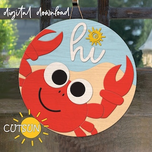 Zomerdeurhanger svg | Leuk krab hallo welkomstbord | Strandhuis decor svg | Kustdecor-svg | Bordje voordeur | Lasergesneden bestand