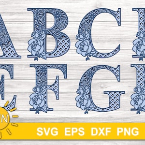 3D Alphabet Layered Mandala A-Z 26 letters 5 layers | Glowforge SVG | Laser cut template DXF SVG eps