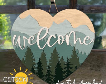 Mountain heart door hanger SVG | Forest door sign SVG | Woods heart Welcome sign Laser cut file