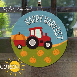Happy Harvest Door Hanger SVG | Tractor Welcome Sign | Laser Cut File for Fall Farmhouse Decor