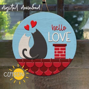 Accroche-porte Saint-Valentin SVG Chats de la Saint-Valentin SVG Love Cats enseigne de porte d'entrée SVG Fichier découpé au laser Glowforge SVG