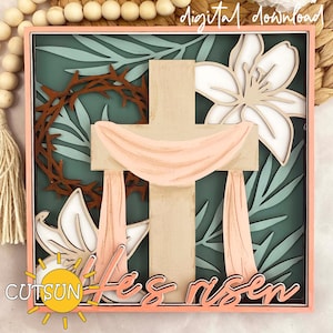 Caja de sombras con el mensaje "Él ha resucitado" en formato SVG / Decoración de pared cristiana de Pascua / Cruz de resurrección religiosa con manto / Archivo de corte láser Glowforge