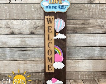 Love Is in the Air Valentine Porch Sign SVG | Interchangeable Vertical Porch Leaner Hot Air Balloon SVG | Valentine Sign Laser Cut File