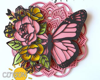 Layered Mandala Butterfly SVG | 8 Layer Butterfly with Flowers | Laser cut file | Cricut svg