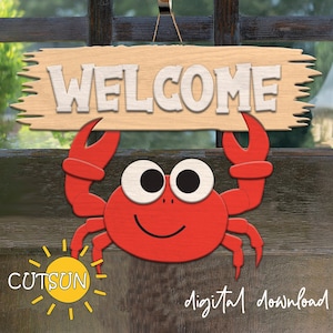 Zomerdeurhanger svg | Decoratie strandhuis | Welkomstbord krab SVG | Voordeurdecoratie | Bord strandhuisje | Glowforge-svg | lasergesneden bestand