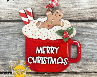 Christmas Cocoa Mug Ornament SVG | Gingerbread & Candy Cane Laser Cut File | Holiday Cup Decoration | Layered Ornament