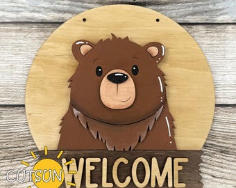 Bear Interchangeable Round Door Sign SVG | Cute Bear Welcome Sign Laser Cut File | Animal Door Hanger SVG