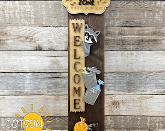 Raccoon Zone Porch Sign SVG | Interchangeable Vertical Leaner | Funny Raccoon Welcome Sign | Laser Cut File