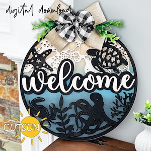 Colgador de puerta de playa con vida marina SVG / Letrero de bienvenida a la playa / Colgador de puerta costero / Tortuga marina SVG / Svg náutico / Bajo el mar / Archivo cortado con láser