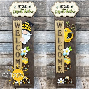 Placa de boas-vindas vertical para varanda com gnomo abelha em SVG | Placa de boas-vindas para primavera/verão | Arquivo intercambiável para corte a laser