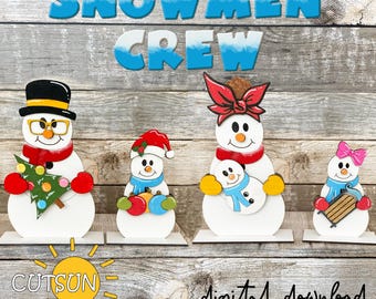May include: A digital download of four snowman SVG cut files. The snowmen are painted in various colors, including red, blue, green, yellow, and white. The snowmen are holding various items, including a Christmas tree, a smaller snowman, and a sled. The text "Snowmen Crew" is at the top of the image, and the text "Digital Download" is at the bottom of the image.