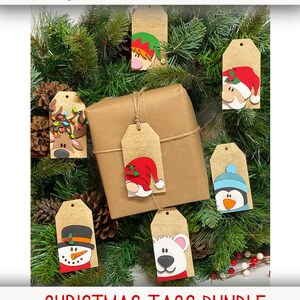 May include: A set of eight Christmas gift tags featuring various holiday characters, including a snowman, penguin, elf, polar bear, and reindeer. The tags are made of brown cardstock and have a rustic, handmade look. The text on the image reads "Christmas Tags Bundle SVG | EPS | DXF | PNG Glowforge | Laser Cutters".