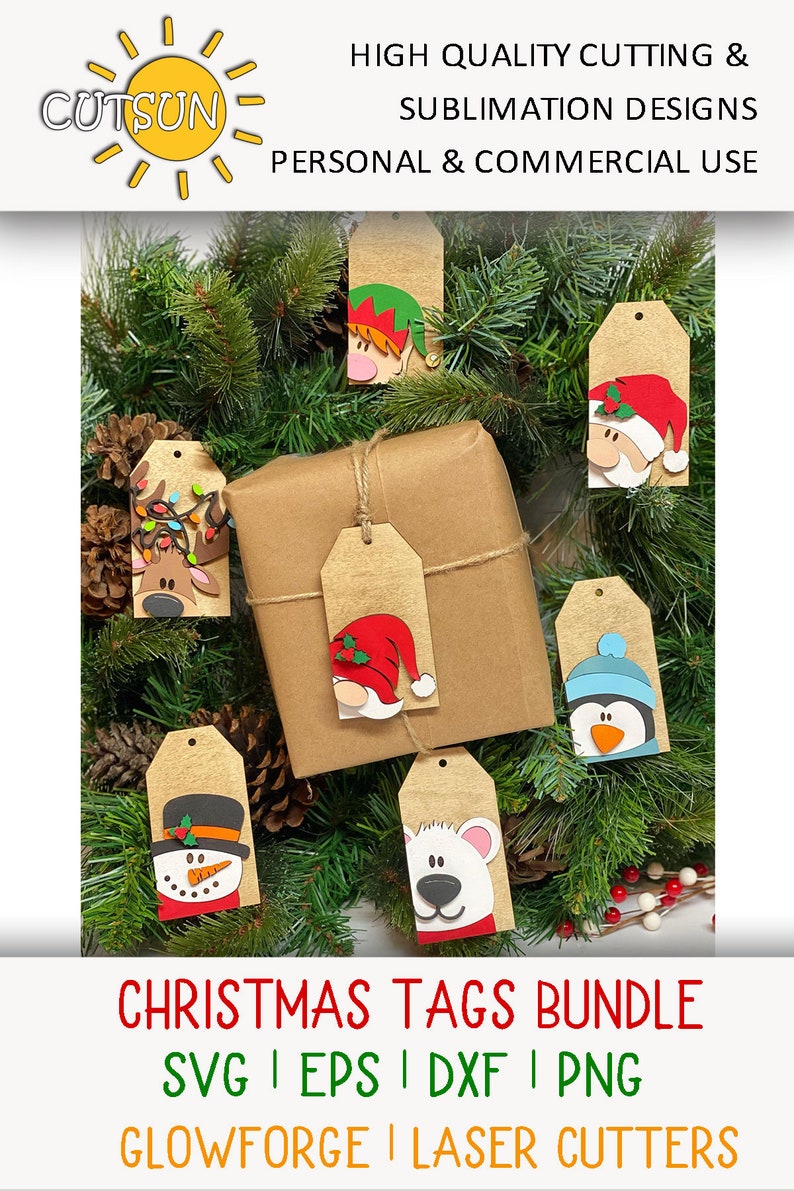 May include: A set of eight Christmas gift tags featuring various holiday characters, including a snowman, penguin, elf, polar bear, and reindeer. The tags are made of brown cardstock and have a rustic, handmade look. The text on the image reads "Christmas Tags Bundle SVG | EPS | DXF | PNG Glowforge | Laser Cutters".