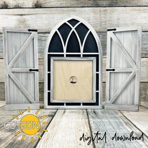 May include: A wooden decorative window frame with two matching shutters. The frame is arched with a black and white design. The shutters and frame are painted white with a distressed finish. The text "CUTSUN" and "digital download" are visible.