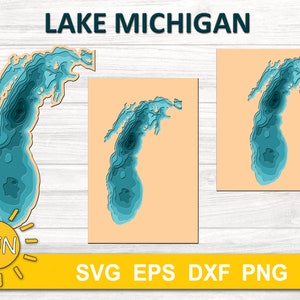 Carte du lac Michigan en couches SVG EPS DXF - 10 calques | Cricut | Silhouette | Forgelumineuse | Machines de découpe laser