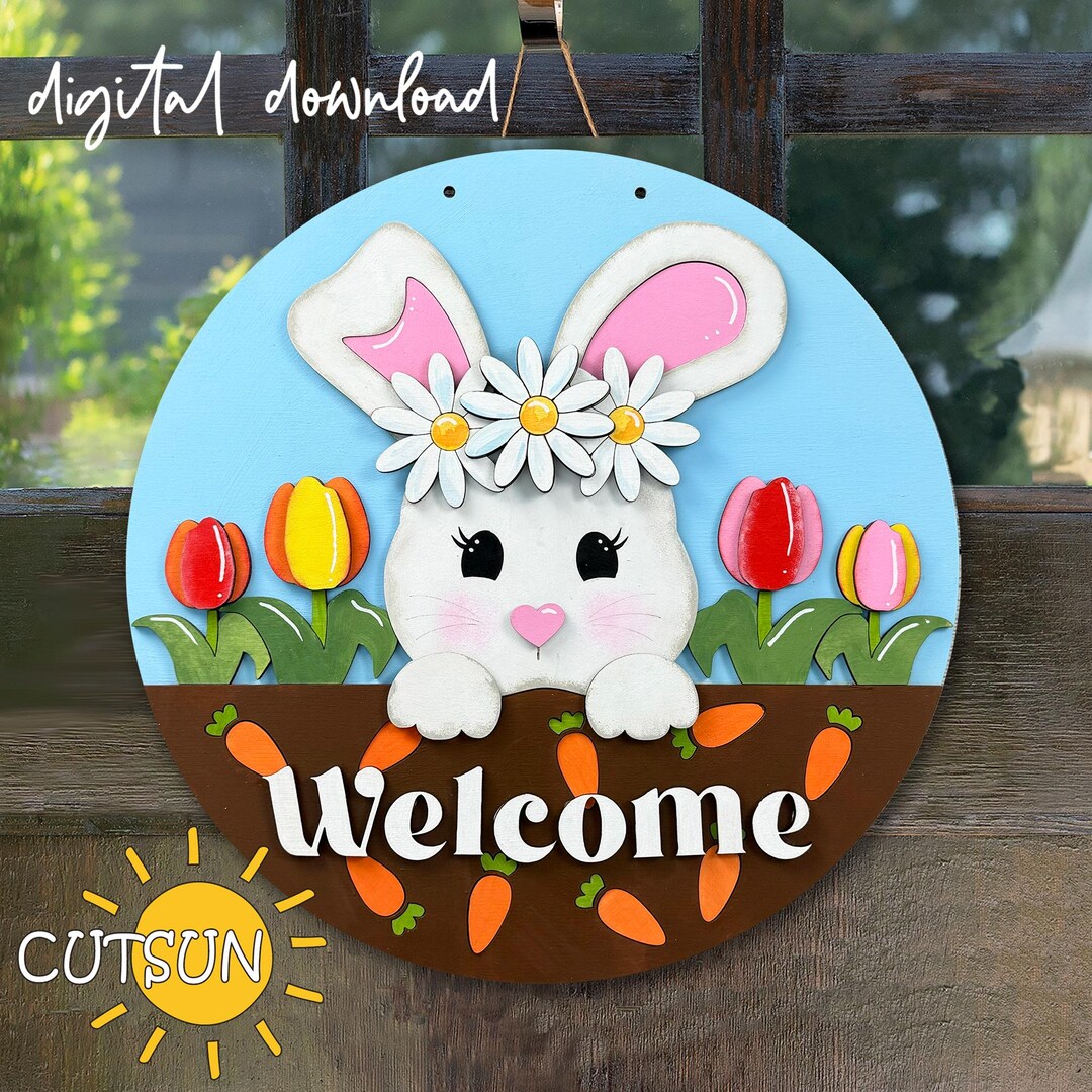 Easter Door Hanger SVG | Bunny With Daisy Welcome Sign | Spring Front ...