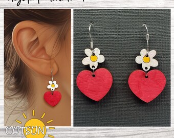 Heart and Flower Earrings SVG | Valentine’s Day Dangle Earring Laser Cut File | Jewelry Template SVG