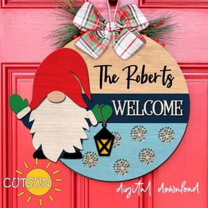 Kerst deur teken SVG gnome svg welkom teken SVG kerst deur hanger svg Glowforge SVG lasergesneden bestand