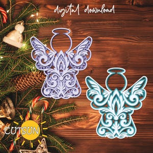 3D Layered Mandala Angel SVG 5 capas archivo de corte / Conjunto de dos ángeles en capas 3D 5 capas SVG / Glowforge SVG / Archivo de corte láser