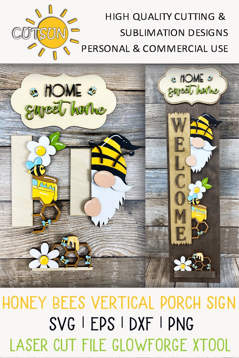 May include: A vertical porch sign with a bee gnome design. The sign says "Welcome" and has a honey bee and honeycomb design. The sign is made of wood and is painted in brown, yellow, black, white, and green colors. The sign is perfect for a front porch or entryway.