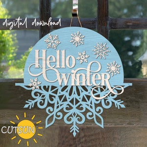 Winter-Türschild SVG Weihnachten Türschild SVG Hallo Winter Türschild SVG Schneeflocke Willkommensschild SVG Laser geschnitten Datei Schneeflocke svg
