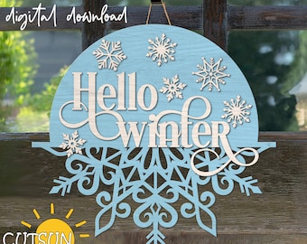 Winter Door Hanger SVG | Hello Winter Snowflake Welcome Sign | Christmas Door Sign Laser Cut File