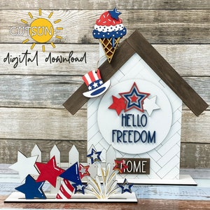 Complément patriotique américain Hello Freedom pour la décoration d'étagères interchangeables maison et clôture ensemble fichier SVG 4 juillet svg fichier découpé au laser