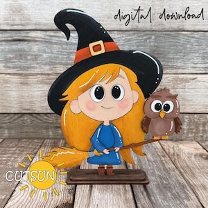 May include: Wooden cutout of a cartoon witch with orange hair, a black hat, and a blue dress, holding a broom. An owl sits on the broom. The text "digital download" is above the witch. The logo "CUTSUN" is on the bottom left.