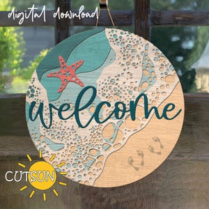 Ondas do mar Porta de praia SVG Placa de boas-vindas de praia Glowforge svg Arquivo cortado a laser